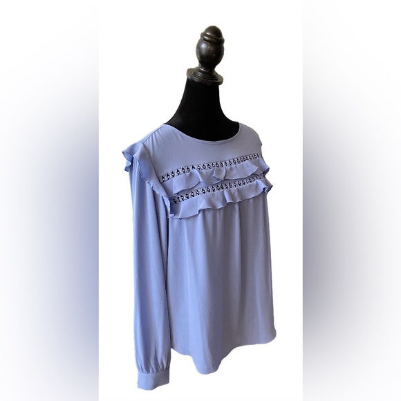 Loft: Blue Blouse with Ruffle Trim and  Embroidered Cutout - Picture 14 of 17